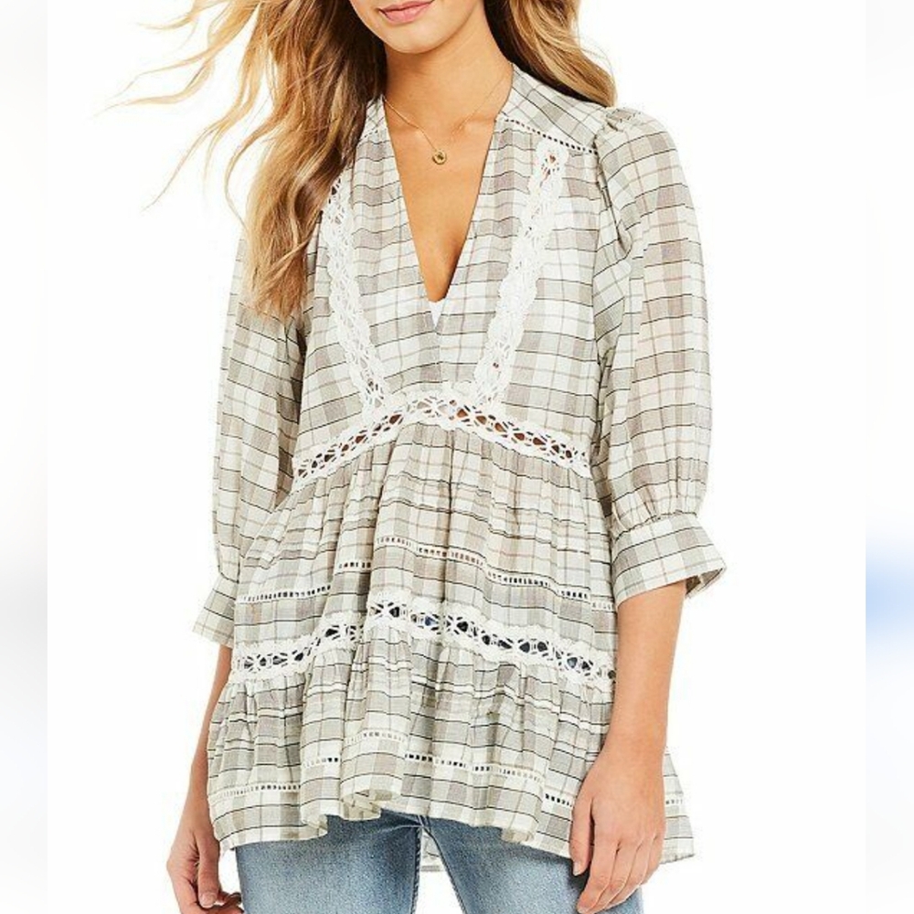 Free People White Gray Plaid Lace Babydoll Tunic Blouse Size Small